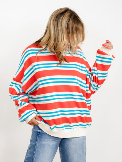 Striped Terry Knit Long Sleeve Boxy Sweatshirt