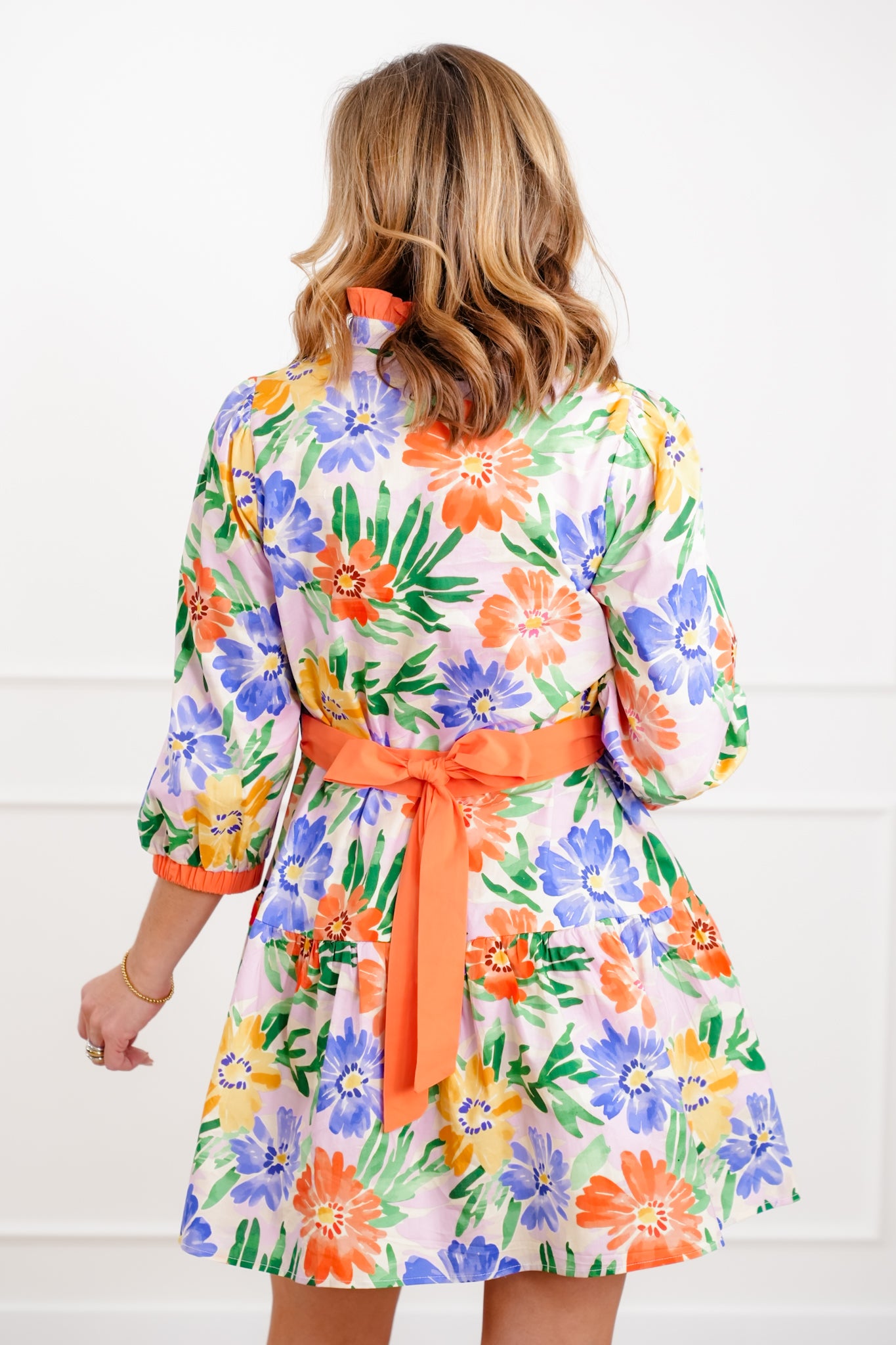 Floral Print 3/4 Sleeve Tiered Dress with Waist Tie