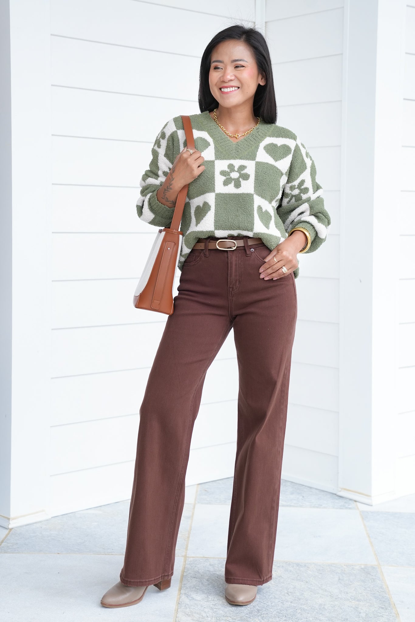 POL Long Sleeve V Neck Pullover Sweater Top