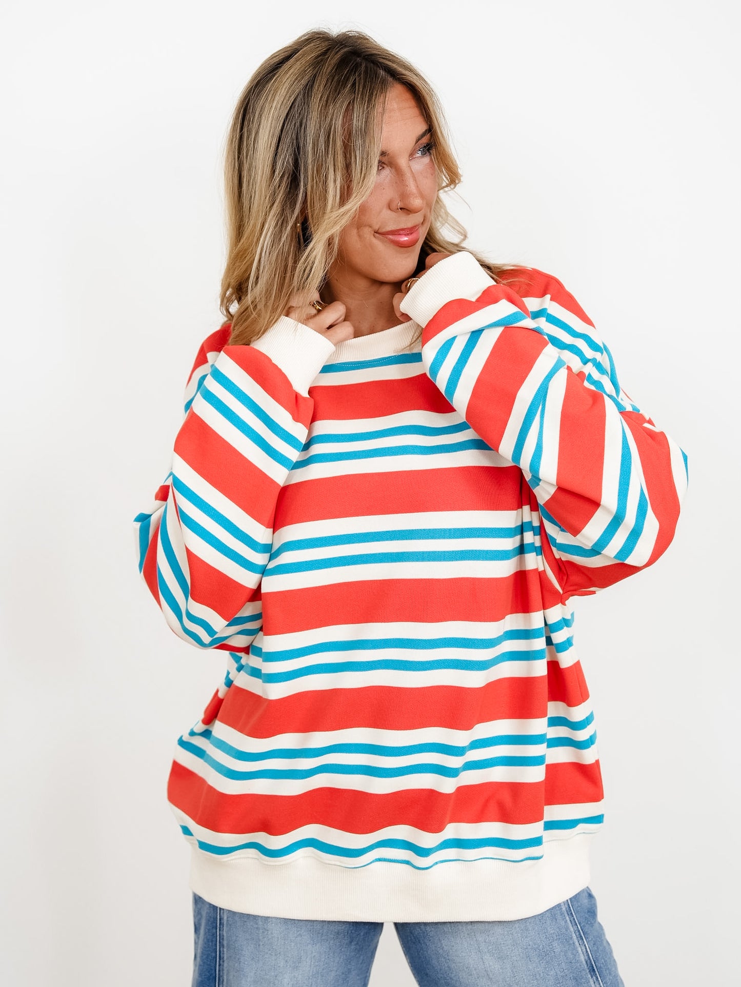 Striped Terry Knit Long Sleeve Boxy Sweatshirt