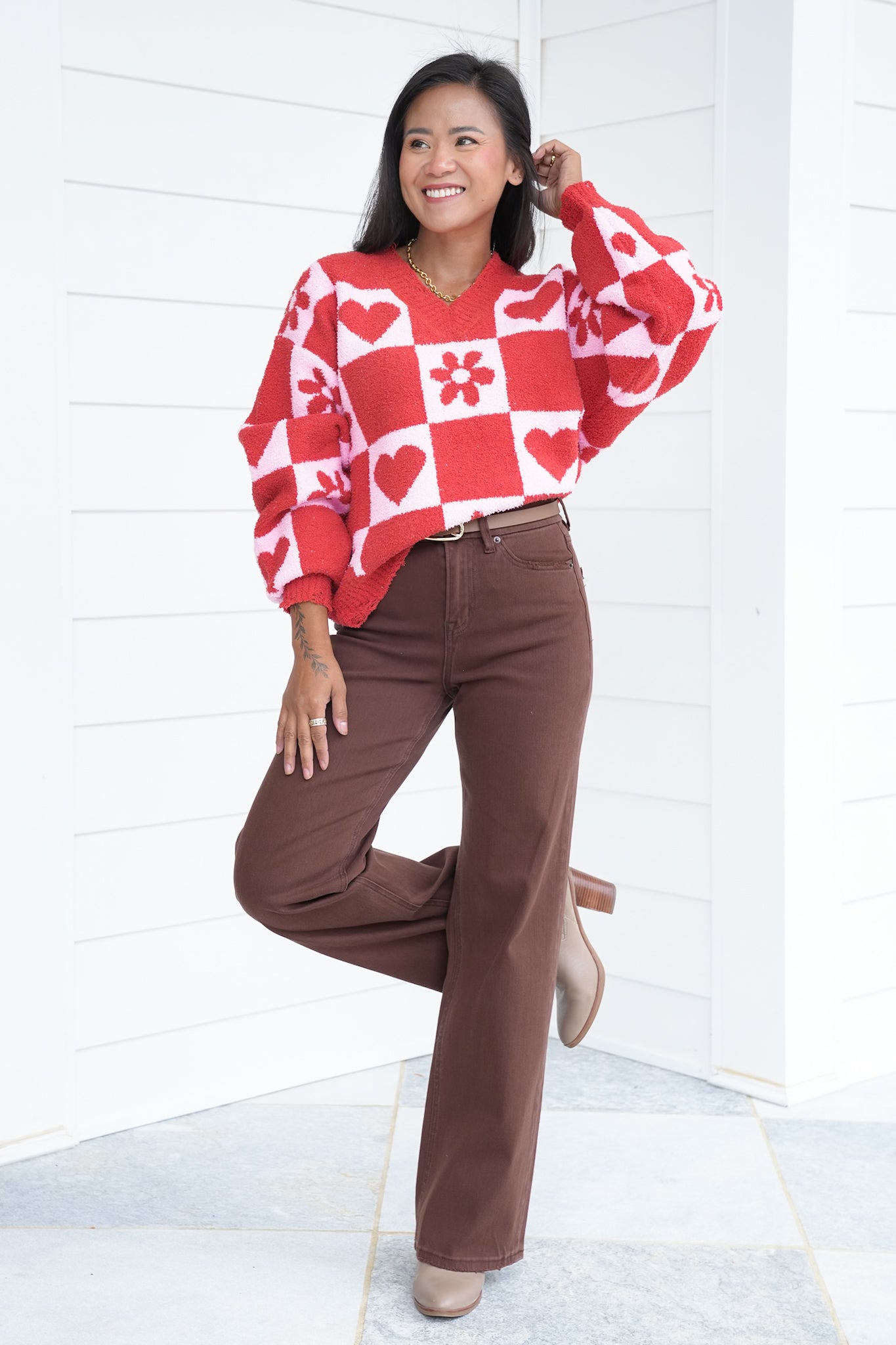 POL Long Sleeve V Neck Pullover Sweater Top