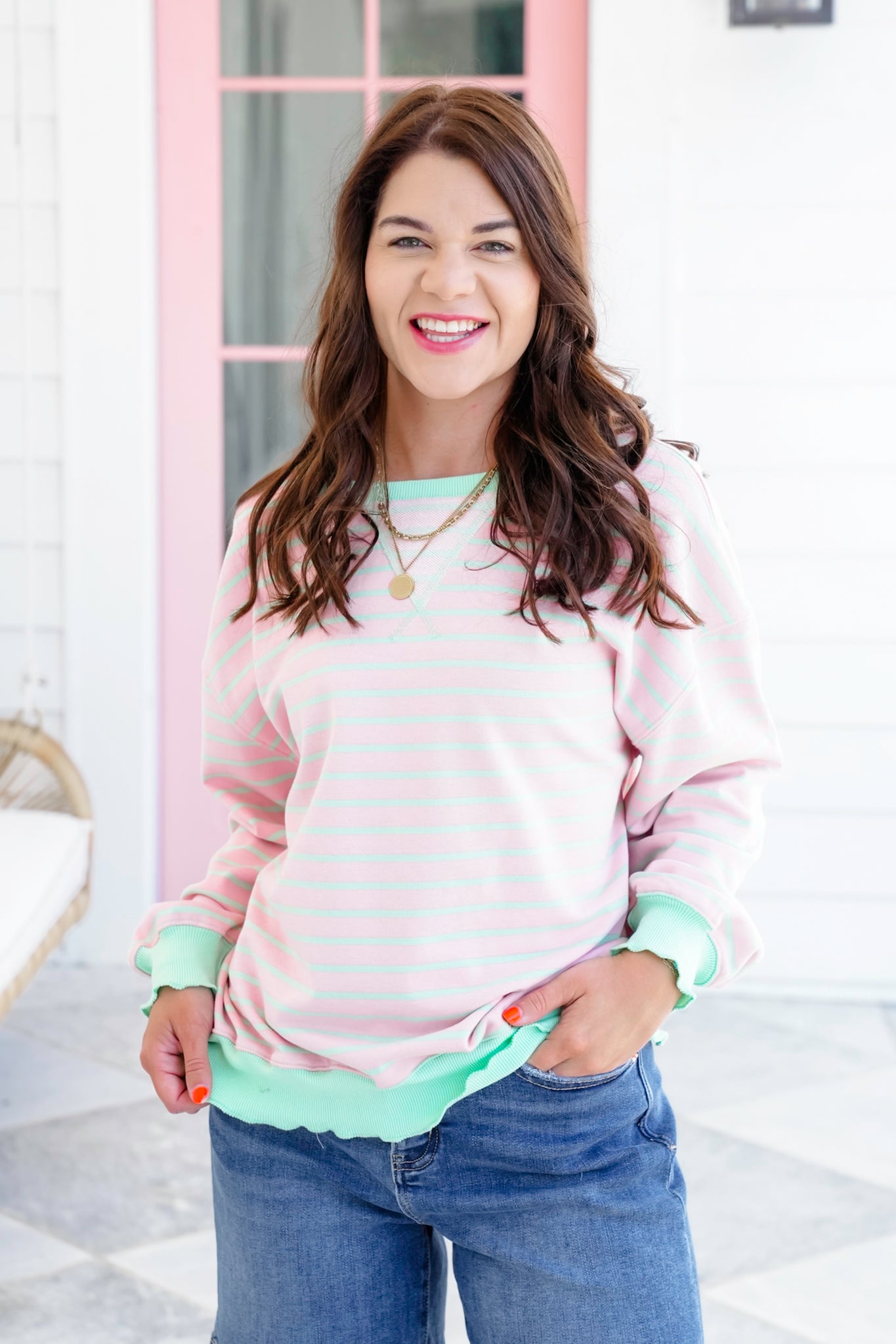 Veveret Stripe Long Sleeve Top with Contrast Detail