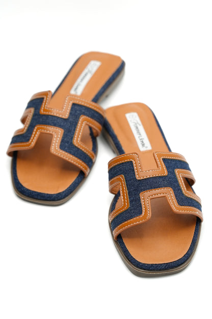 Denim and Contrast Trim H Strap Flat Slide Sandal