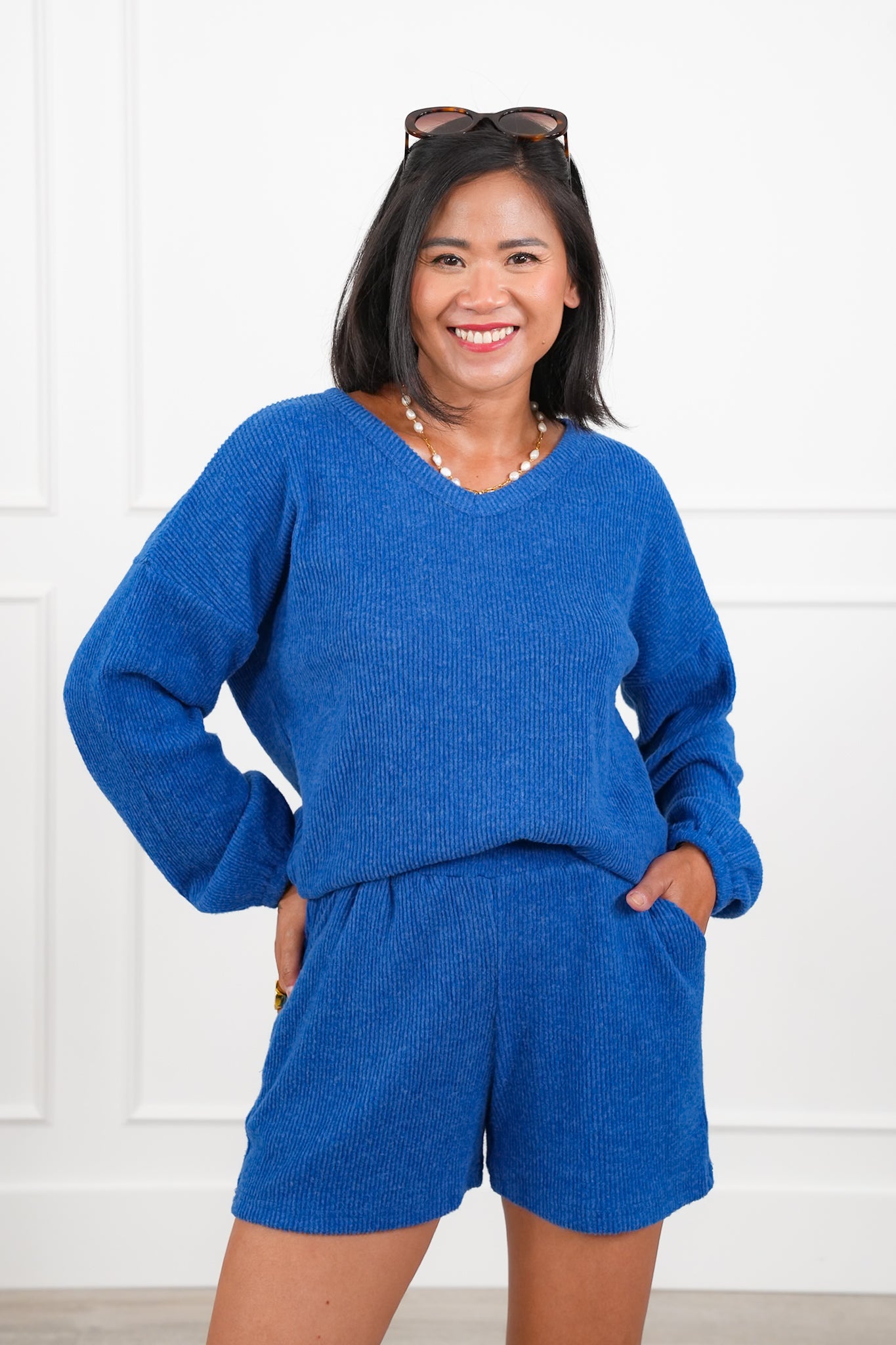 Door Buster! Zenana Brushed Ribbed Hacci V-Neck Long Sleeve Tee and Shorts Set