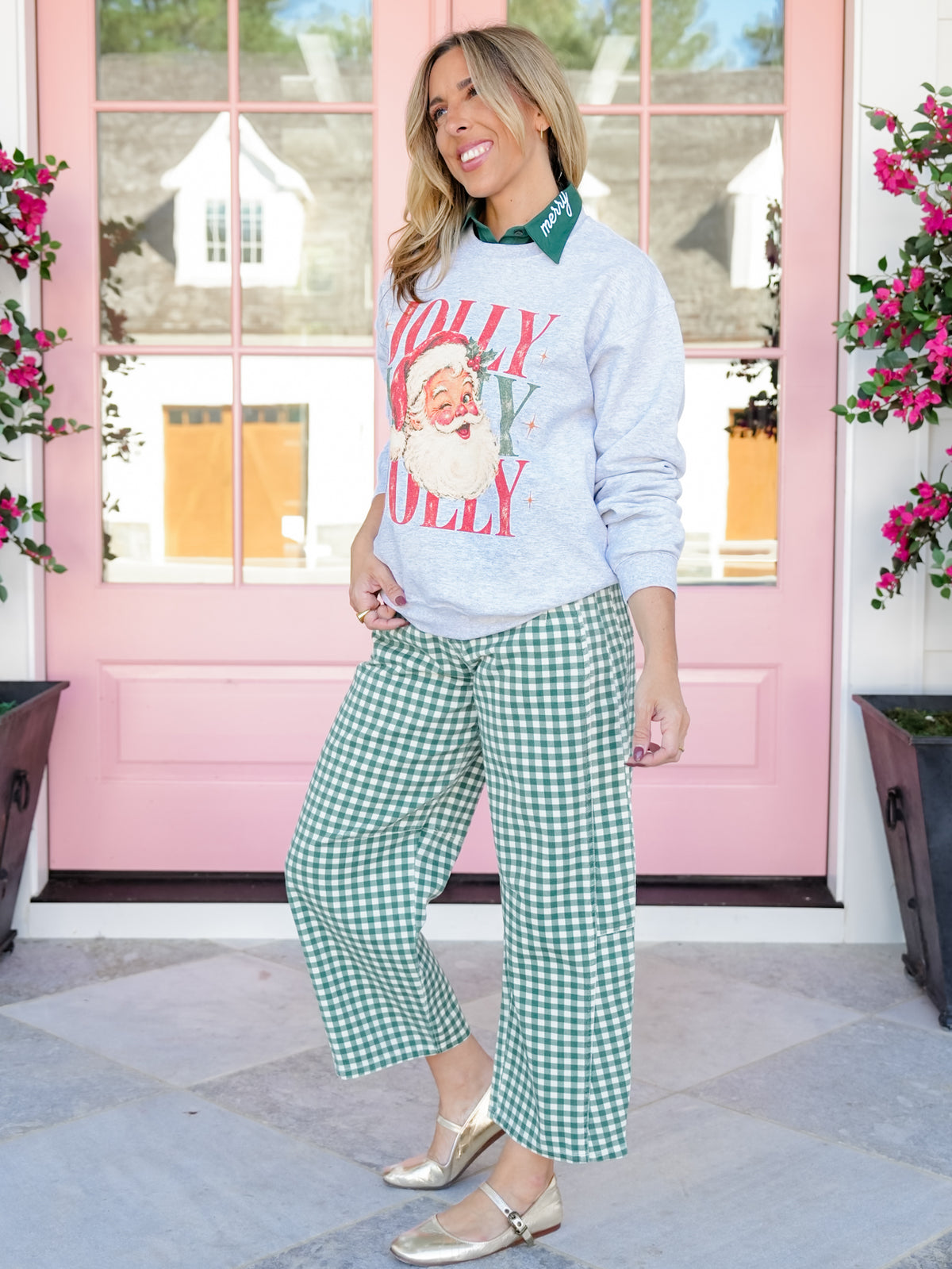 Green Merry Embroidered Button Down Collar