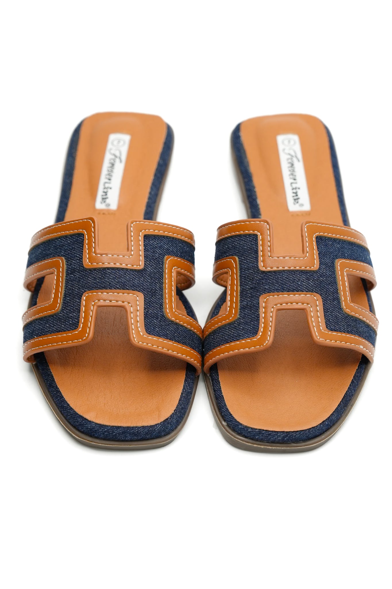 Denim and Contrast Trim H Strap Flat Slide Sandal