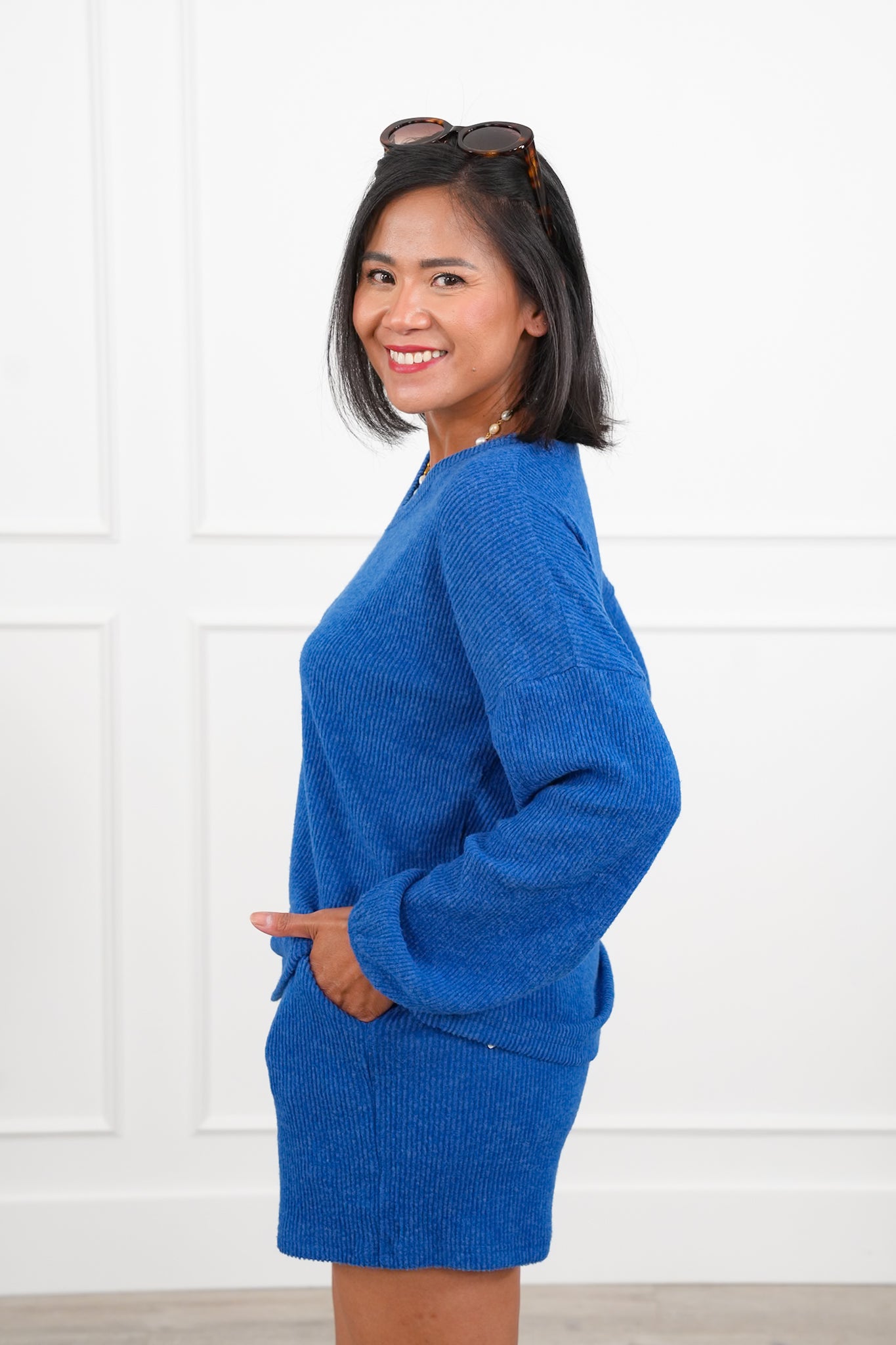 Door Buster! Zenana Brushed Ribbed Hacci V-Neck Long Sleeve Tee and Shorts Set