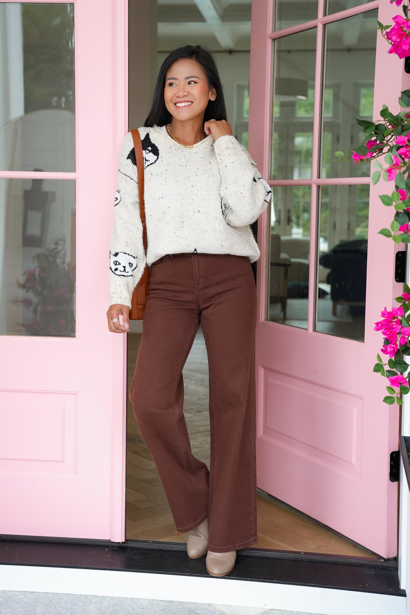 Plus/Reg Oatmeal Long Sleeve Round Neck Sweater with Cats