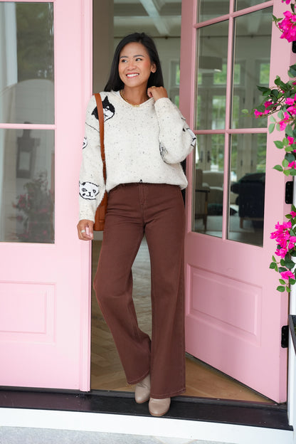 Plus/Reg Oatmeal Long Sleeve Round Neck Sweater with Cats