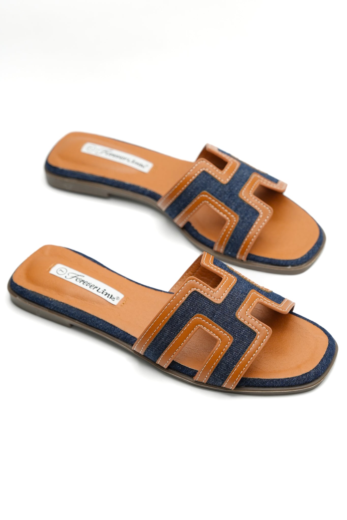 Denim and Contrast Trim H Strap Flat Slide Sandal