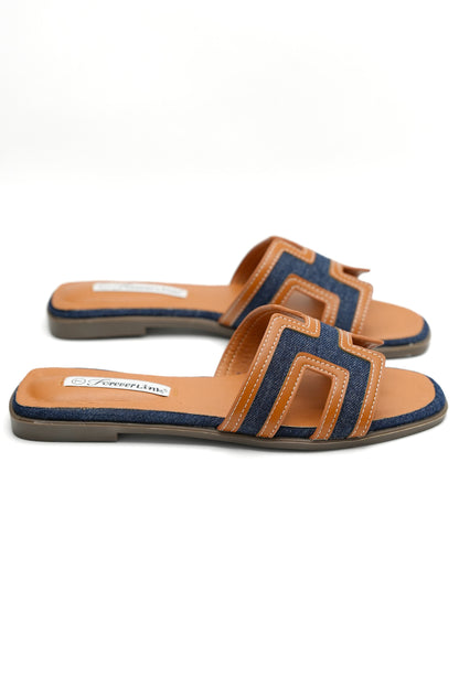 Denim and Contrast Trim H Strap Flat Slide Sandal