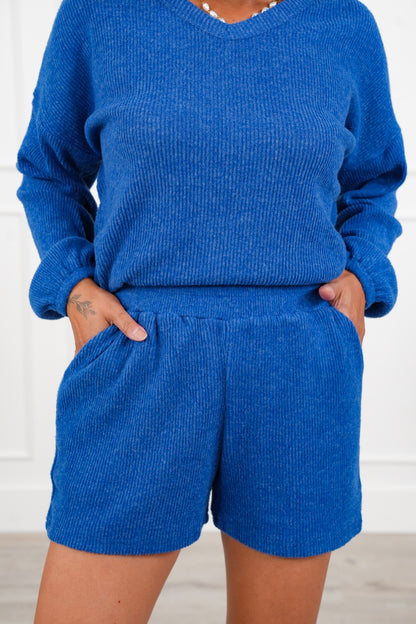 Door Buster! Zenana Brushed Ribbed Hacci V-Neck Long Sleeve Tee and Shorts Set