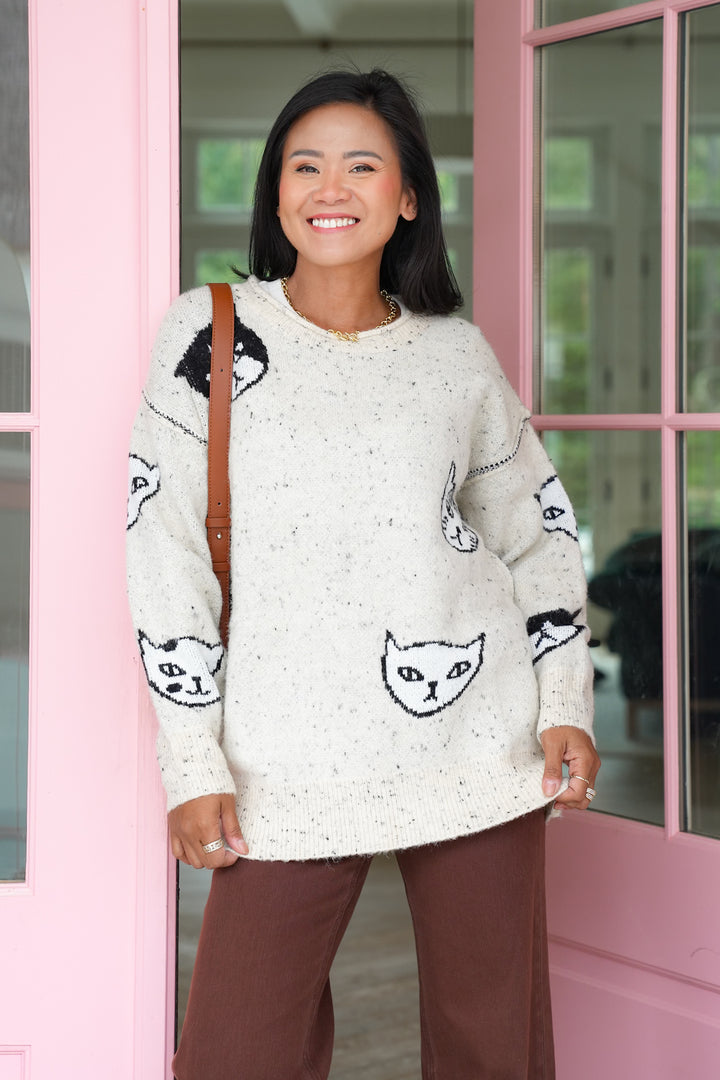 Plus/Reg Oatmeal Long Sleeve Round Neck Sweater with Cats