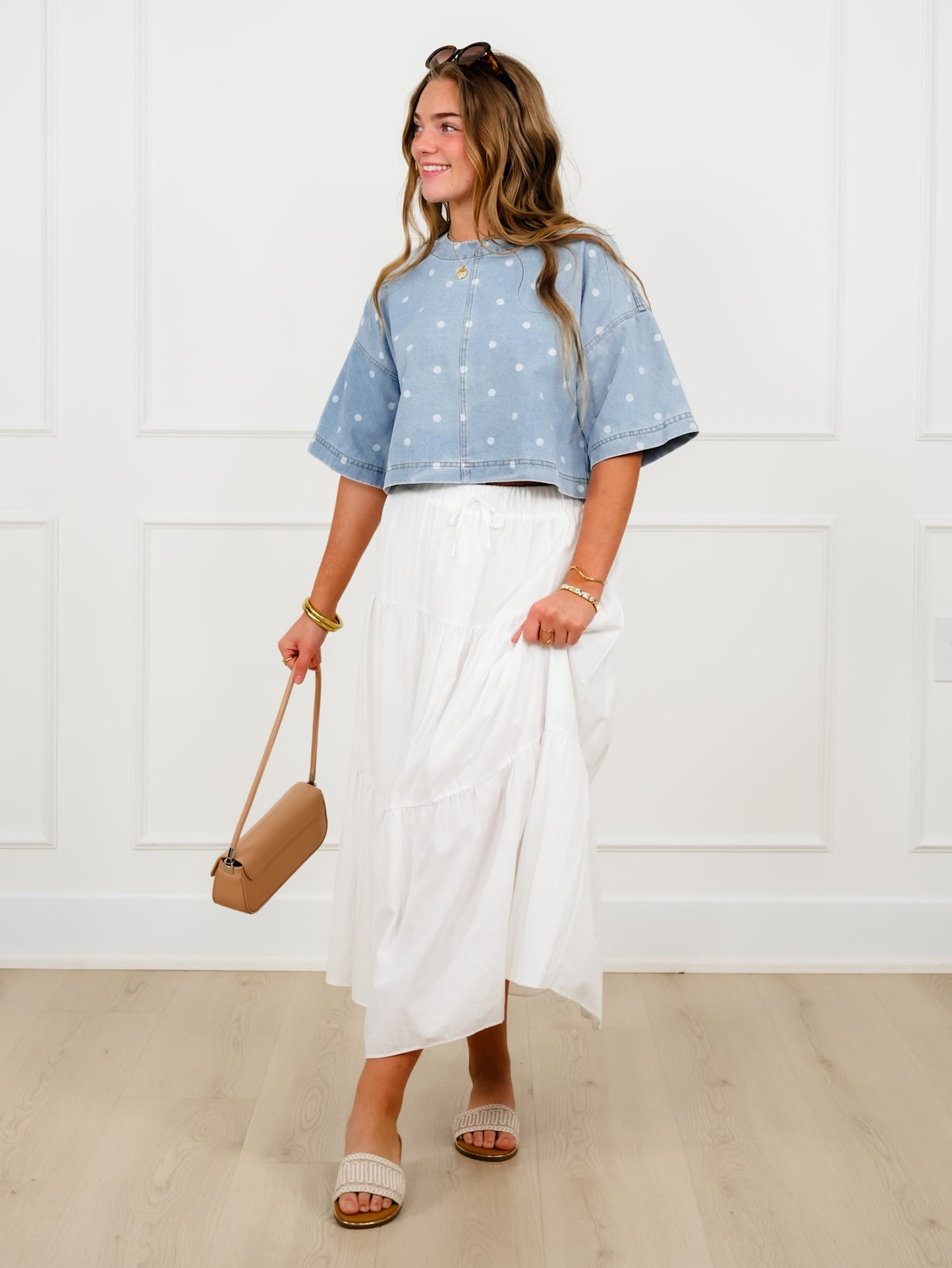 Light Wash Polka Dot Short Sleeve Crop Top