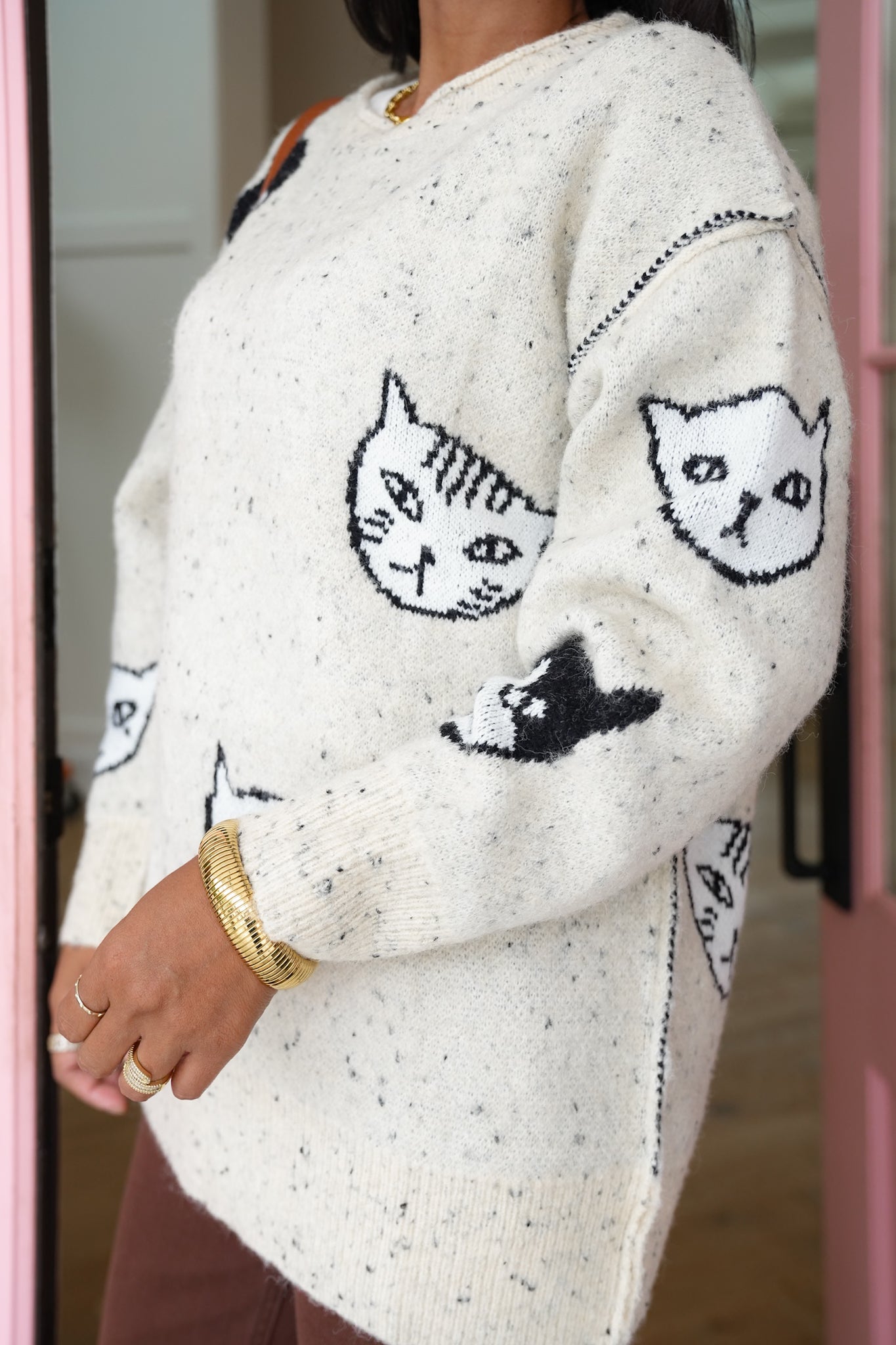Plus/Reg Oatmeal Long Sleeve Round Neck Sweater with Cats