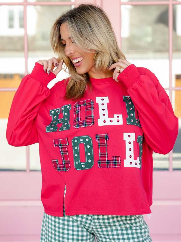 Holly Jolly Patchwork Graphic Long Sleeve Sweatshirt