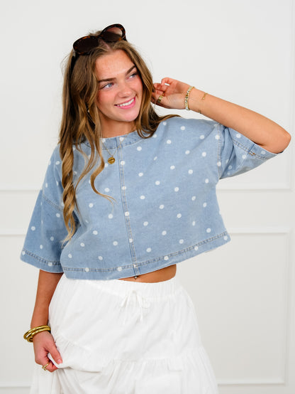 Light Wash Polka Dot Short Sleeve Crop Top