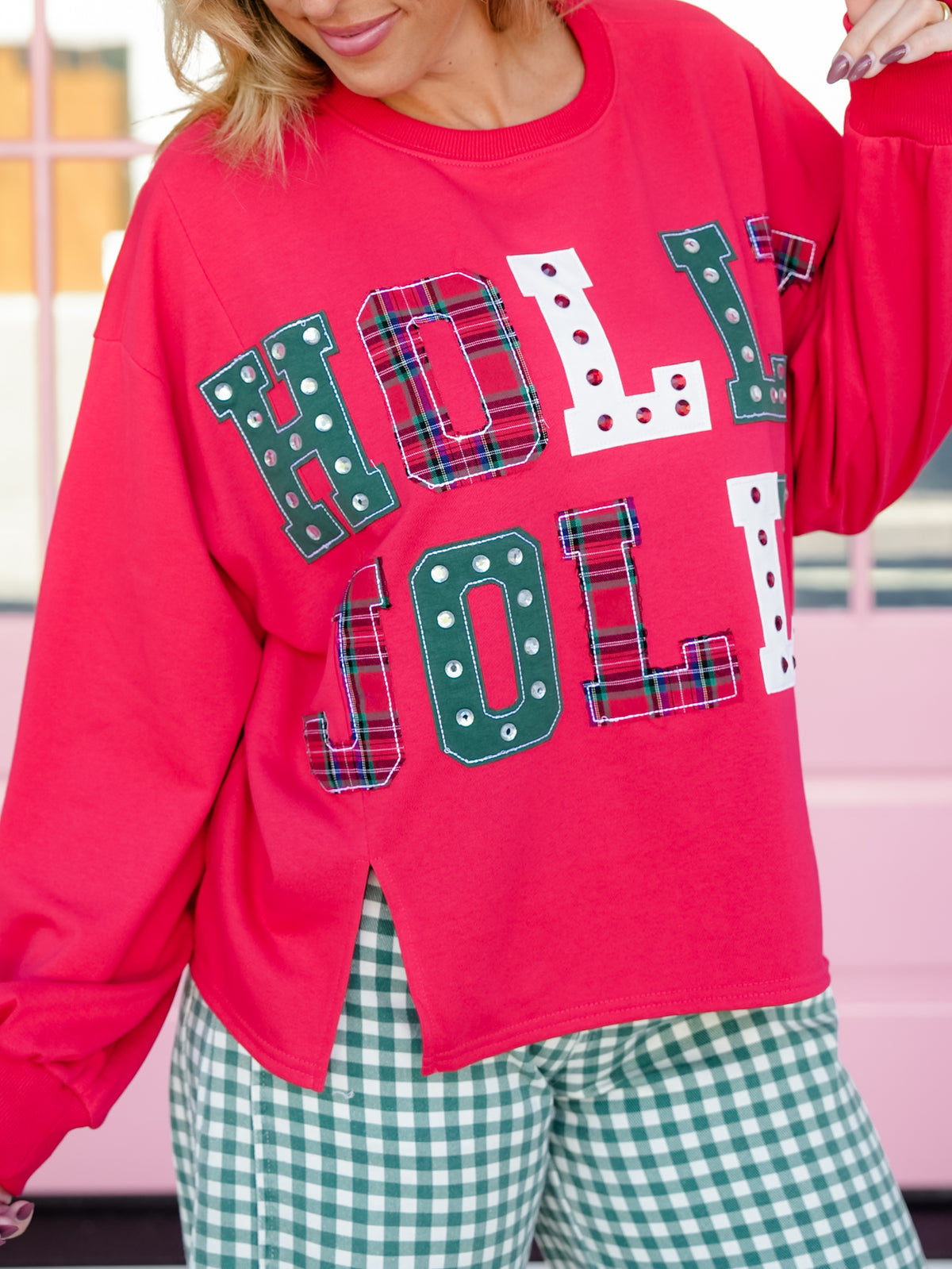 Holly Jolly Patchwork Graphic Long Sleeve Sweatshirt - Freckled Poppy