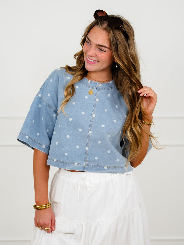 Light Wash Polka Dot Short Sleeve Crop Top