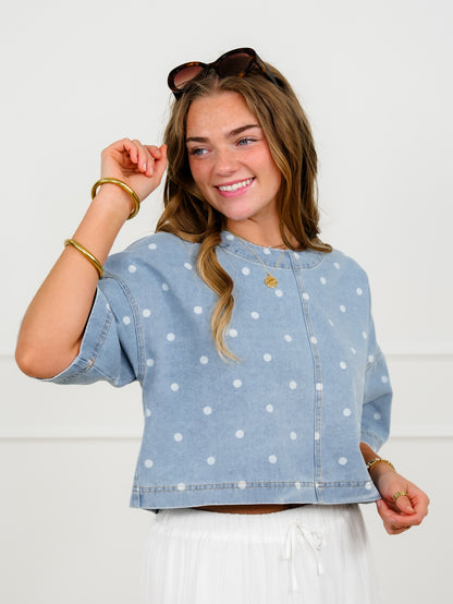 Light Wash Polka Dot Short Sleeve Crop Top