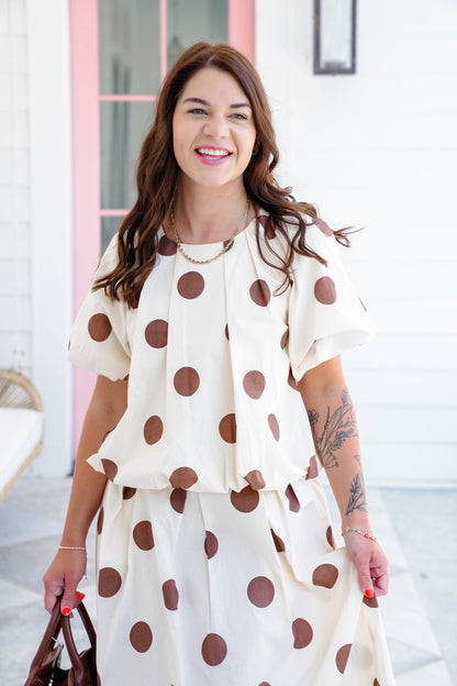 Plus/Reg Polka Dot Print Pleated Bubble Hem Top