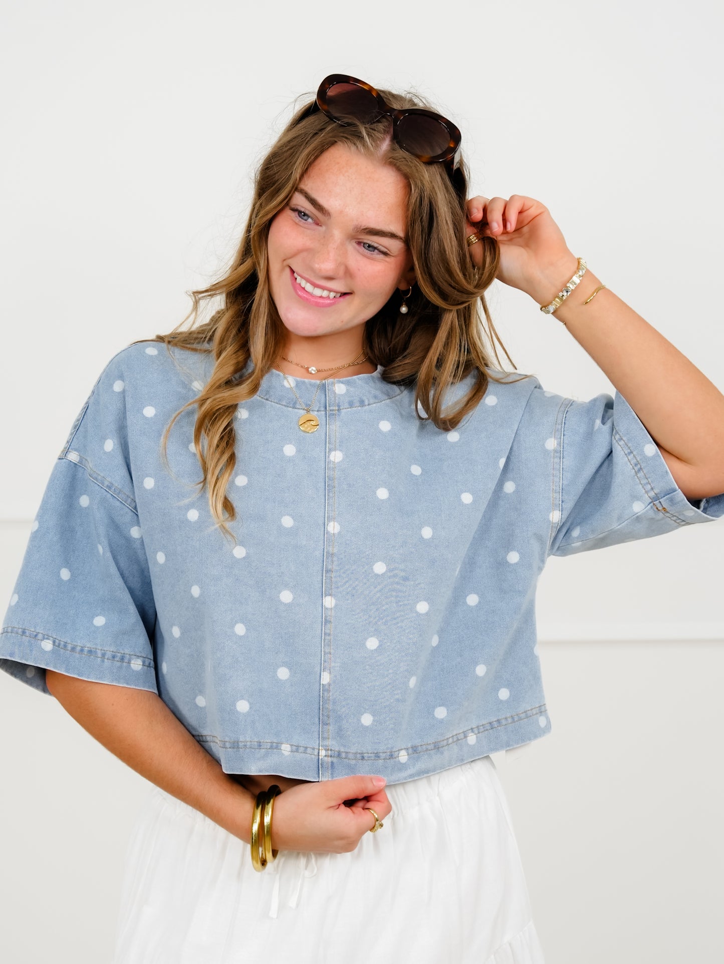 Light Wash Polka Dot Short Sleeve Crop Top