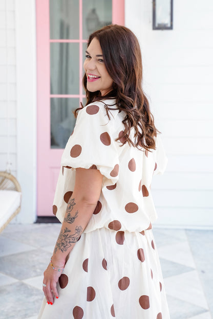 Plus/Reg Polka Dot Print Pleated Bubble Hem Top