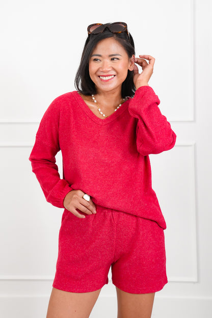 Door Buster! Zenana Brushed Ribbed Hacci V-Neck Long Sleeve Tee and Shorts Set