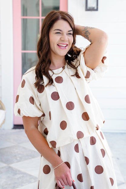 Plus/Reg Polka Dot Print Pleated Bubble Hem Top