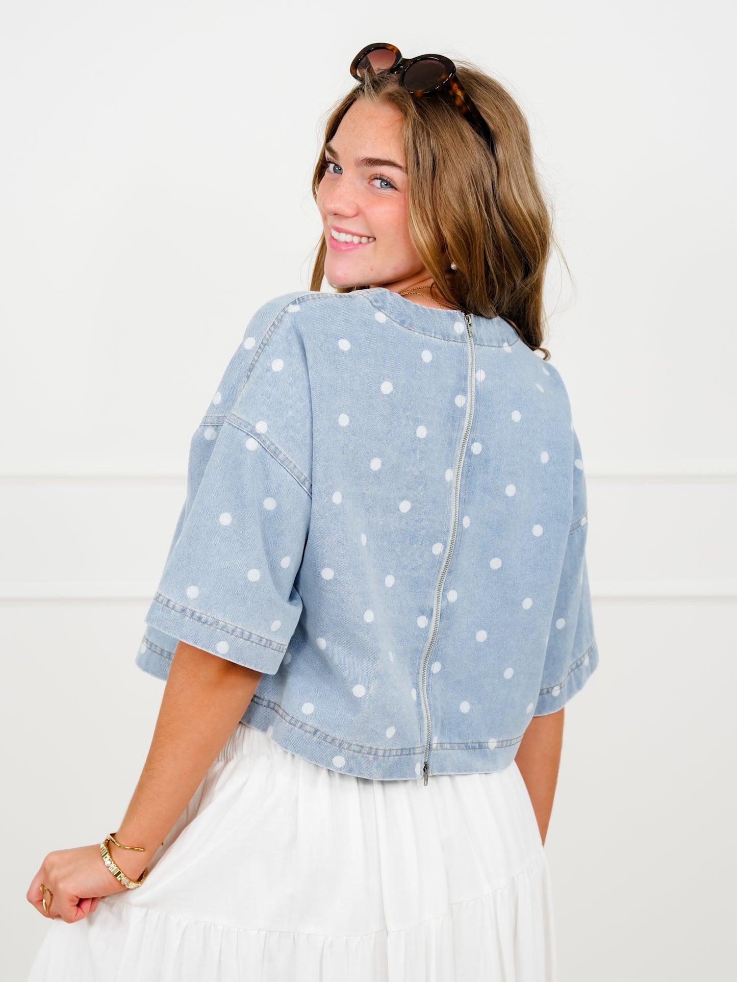 Light Wash Polka Dot Short Sleeve Crop Top