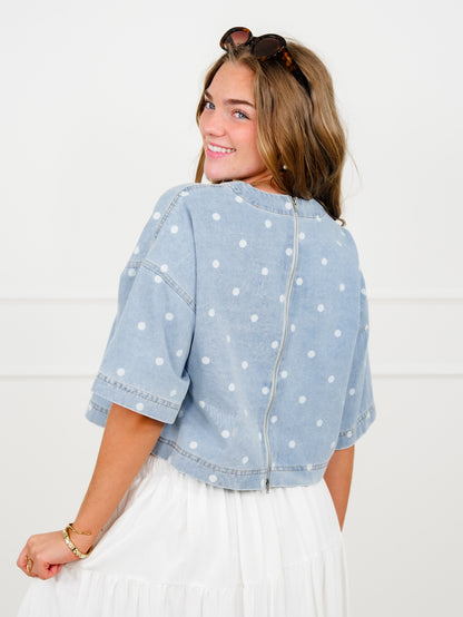 Light Wash Polka Dot Short Sleeve Crop Top