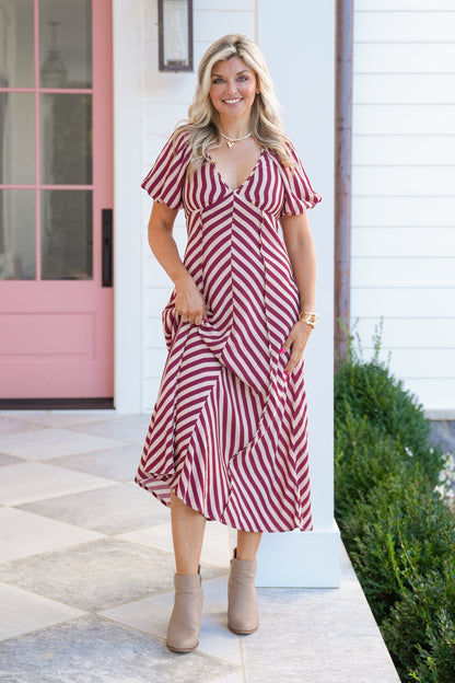 Stripe Short Sleeve Midi Dress