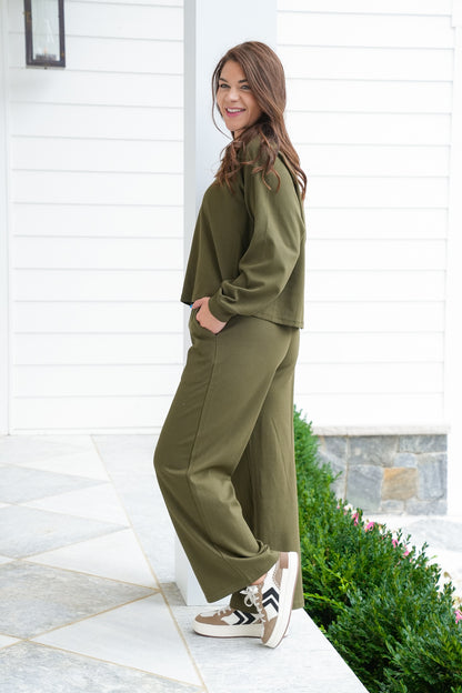 Solid Long Sleeve V Neck Top and Pants Set