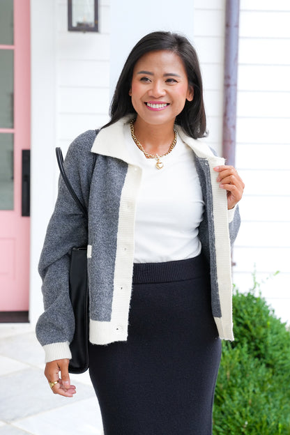 Long Sleeve Button Down Cardigan with Contrast Trim