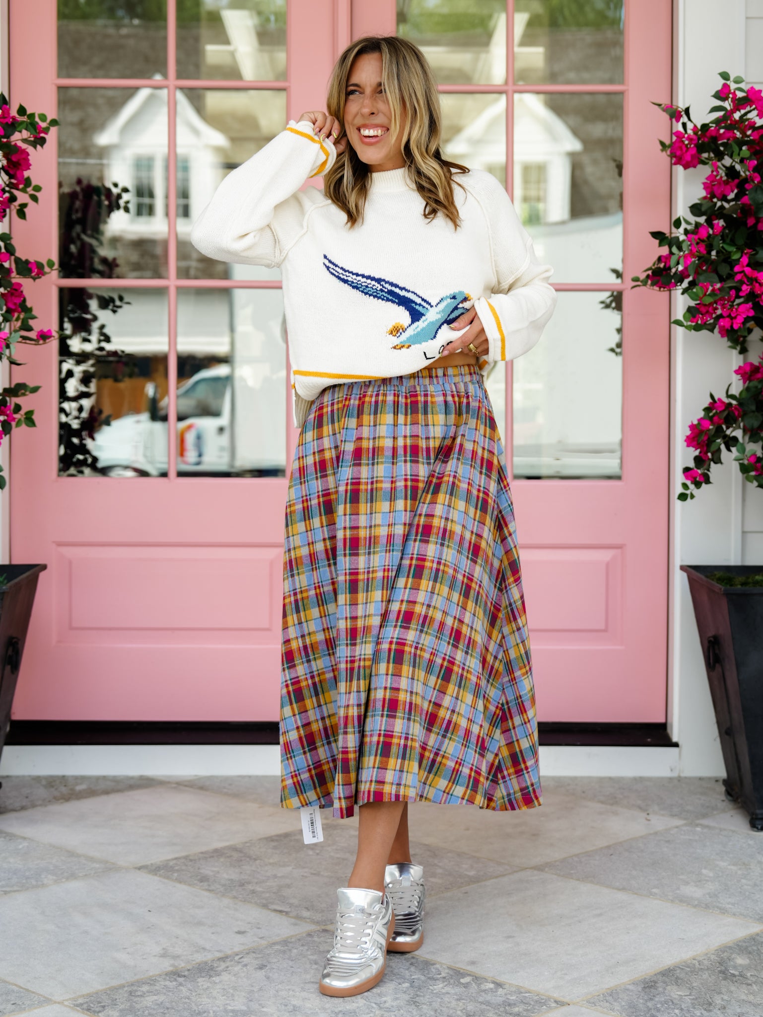 Plaid Print Elastic Waist Midi Skirt - Freckled Poppy