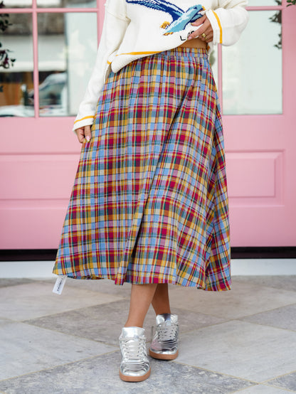 Plaid Print Elastic Waist Midi Skirt - Freckled Poppy
