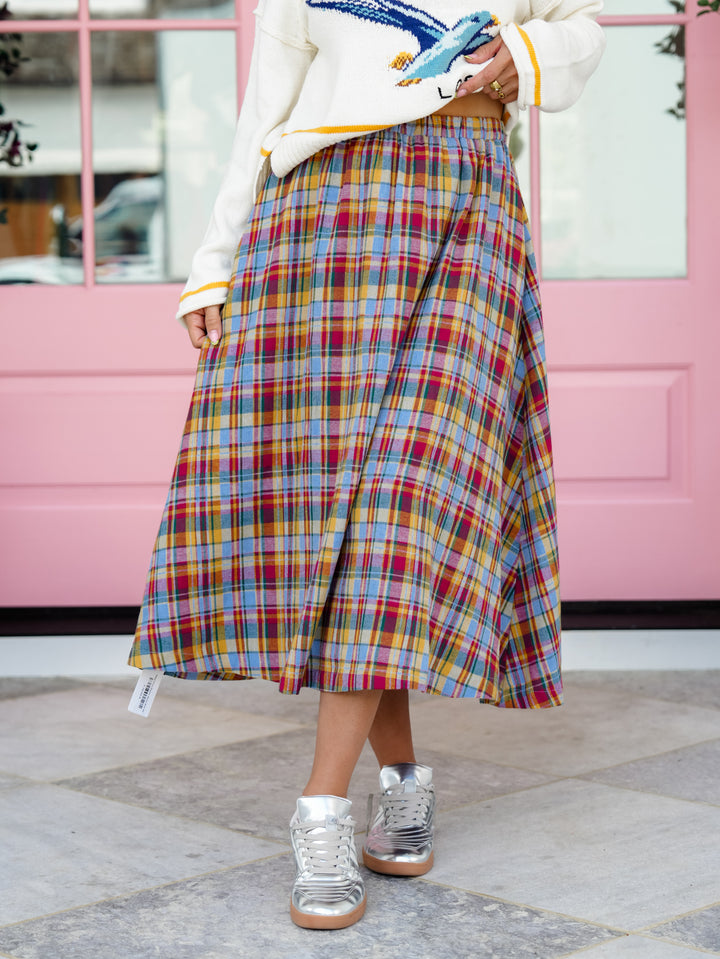 Plaid Print Elastic Waist Midi Skirt - Freckled Poppy