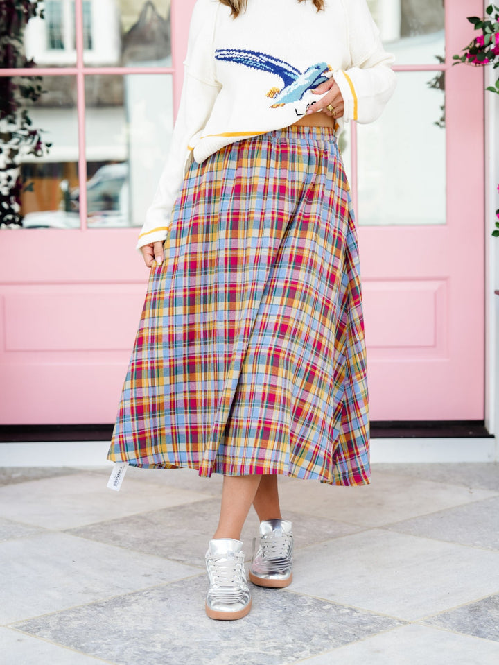 Plaid Print Elastic Waist Midi Skirt - Freckled Poppy