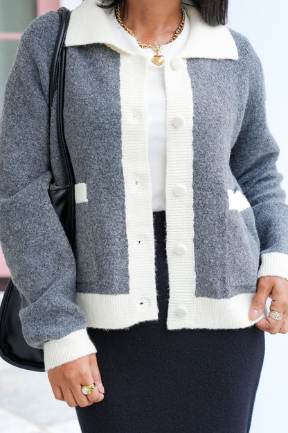 Long Sleeve Button Down Cardigan with Contrast Trim
