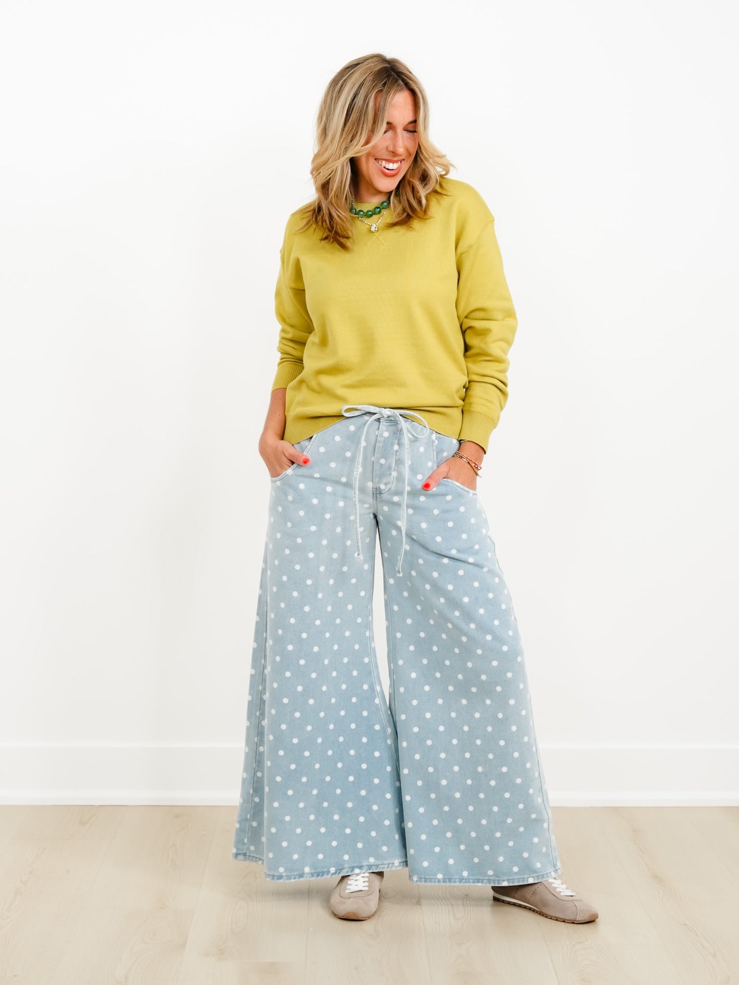 Light Wash Polka Dot Extra Wide Leg Pants