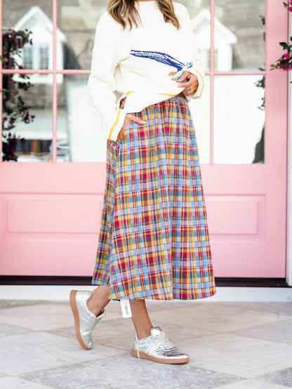 Plaid Print Elastic Waist Midi Skirt - Freckled Poppy