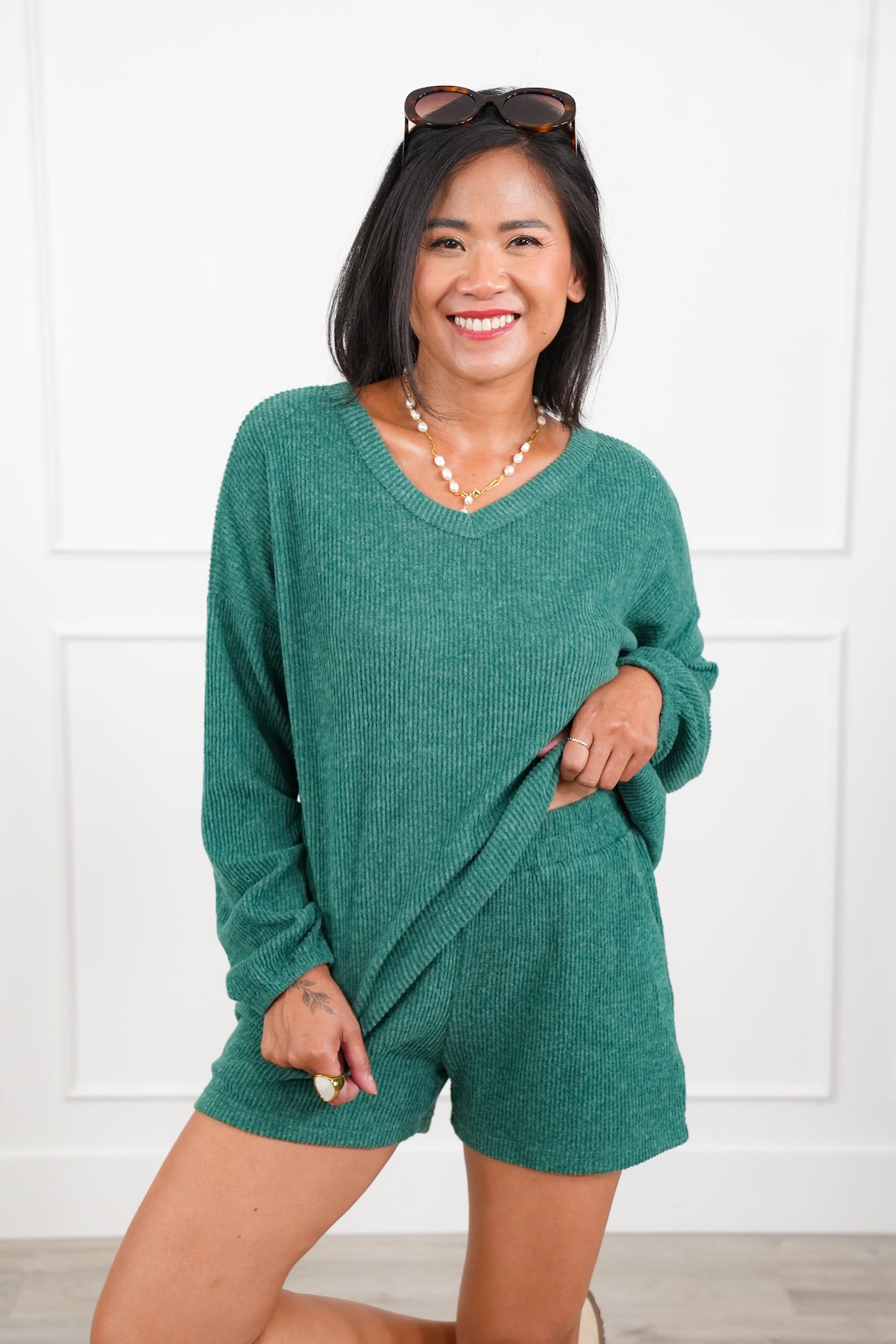Door Buster! Zenana Brushed Ribbed Hacci V-Neck Long Sleeve Tee and Shorts Set