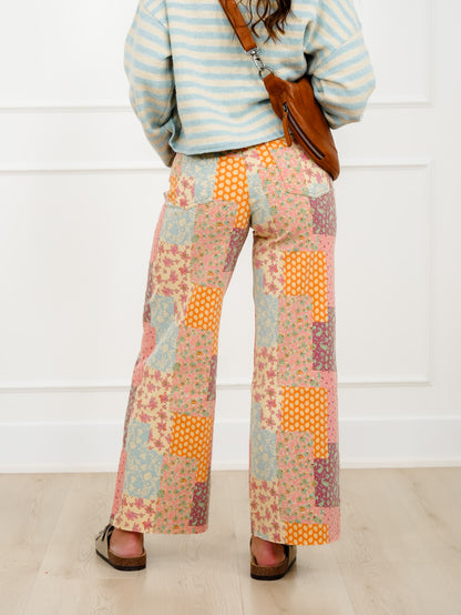 Patchwork Print Straight Leg Cropped Pants