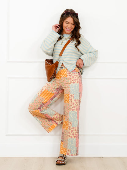 Patchwork Print Straight Leg Cropped Pants