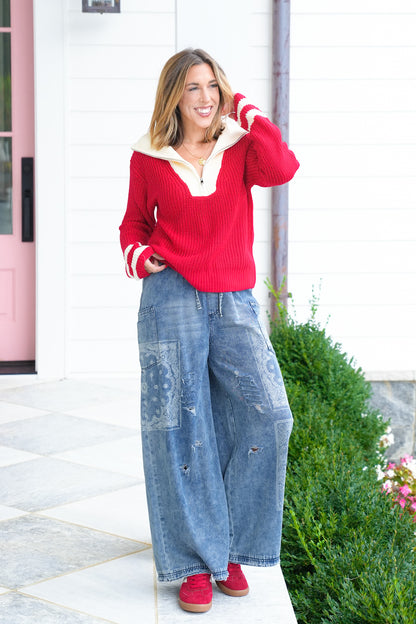 Distressed Patchwork Print Elastic Waist Wide Leg Pants