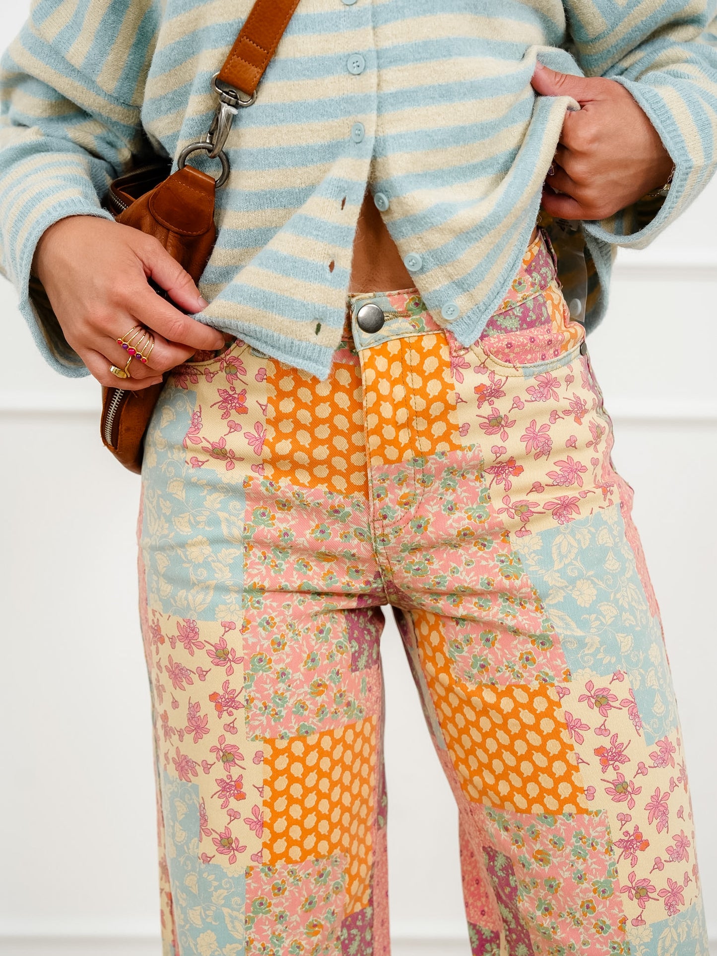 Patchwork Print Straight Leg Cropped Pants