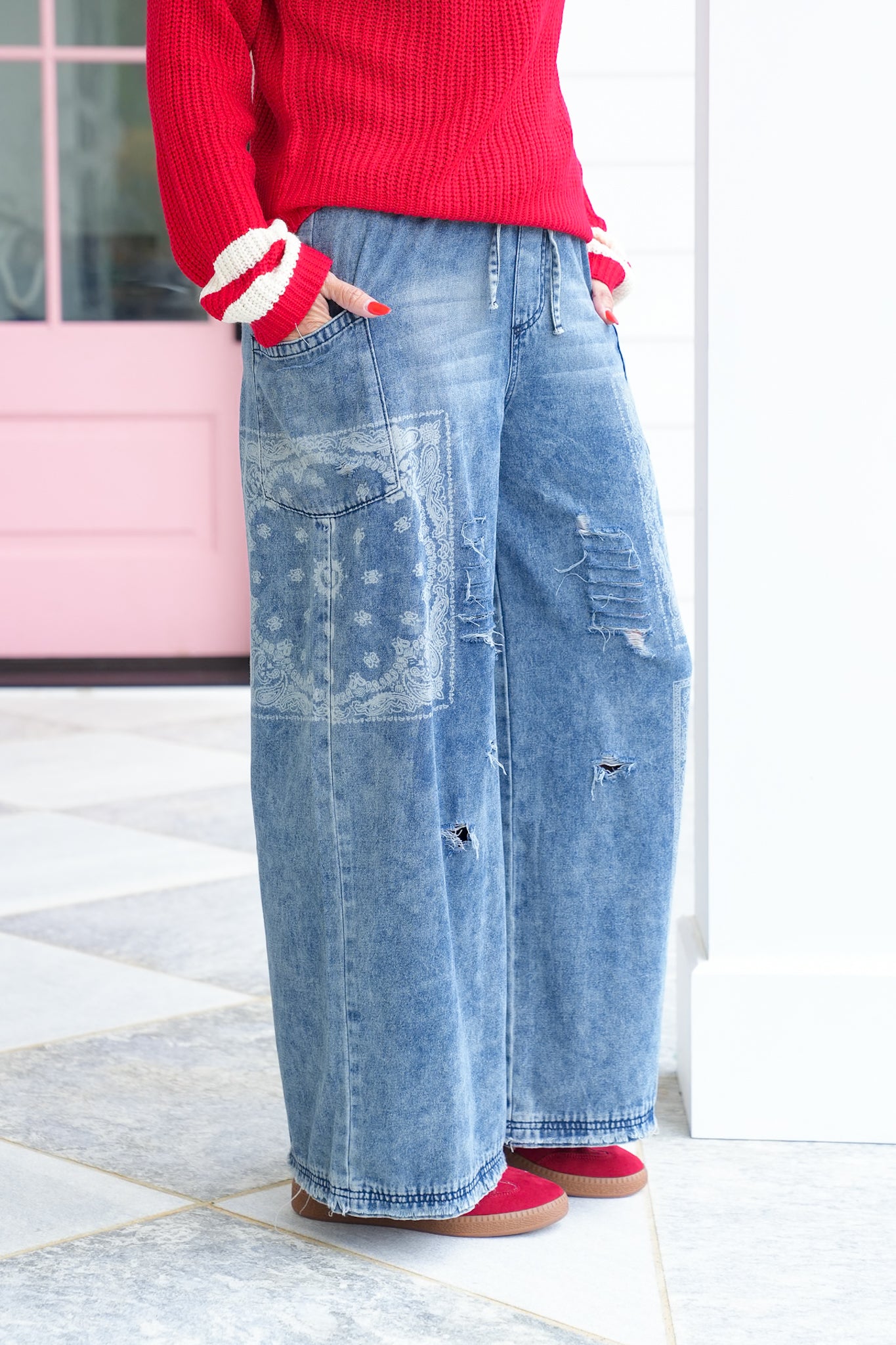 Distressed Patchwork Print Elastic Waist Wide Leg Pants