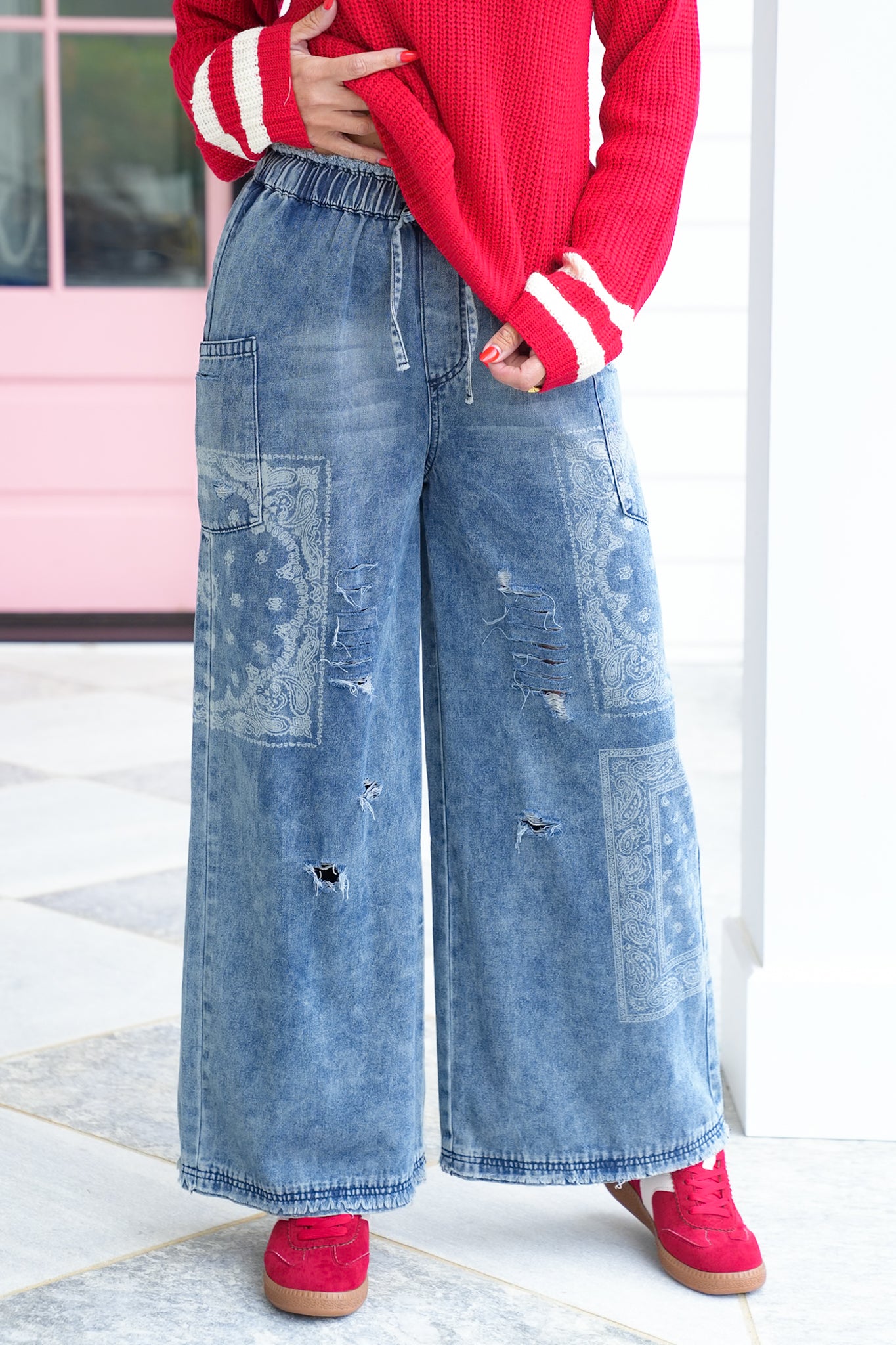 Distressed Patchwork Print Elastic Waist Wide Leg Pants