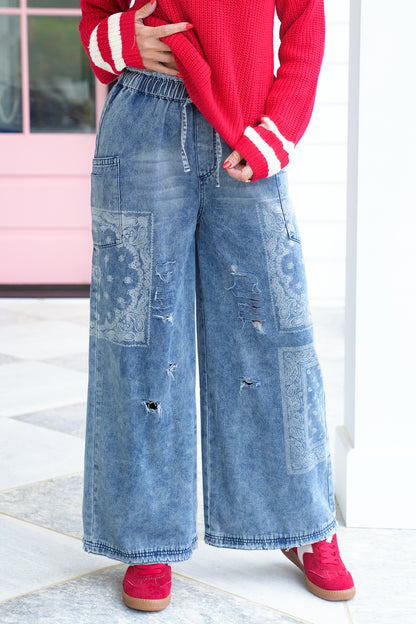 Distressed Patchwork Print Elastic Waist Wide Leg Pants