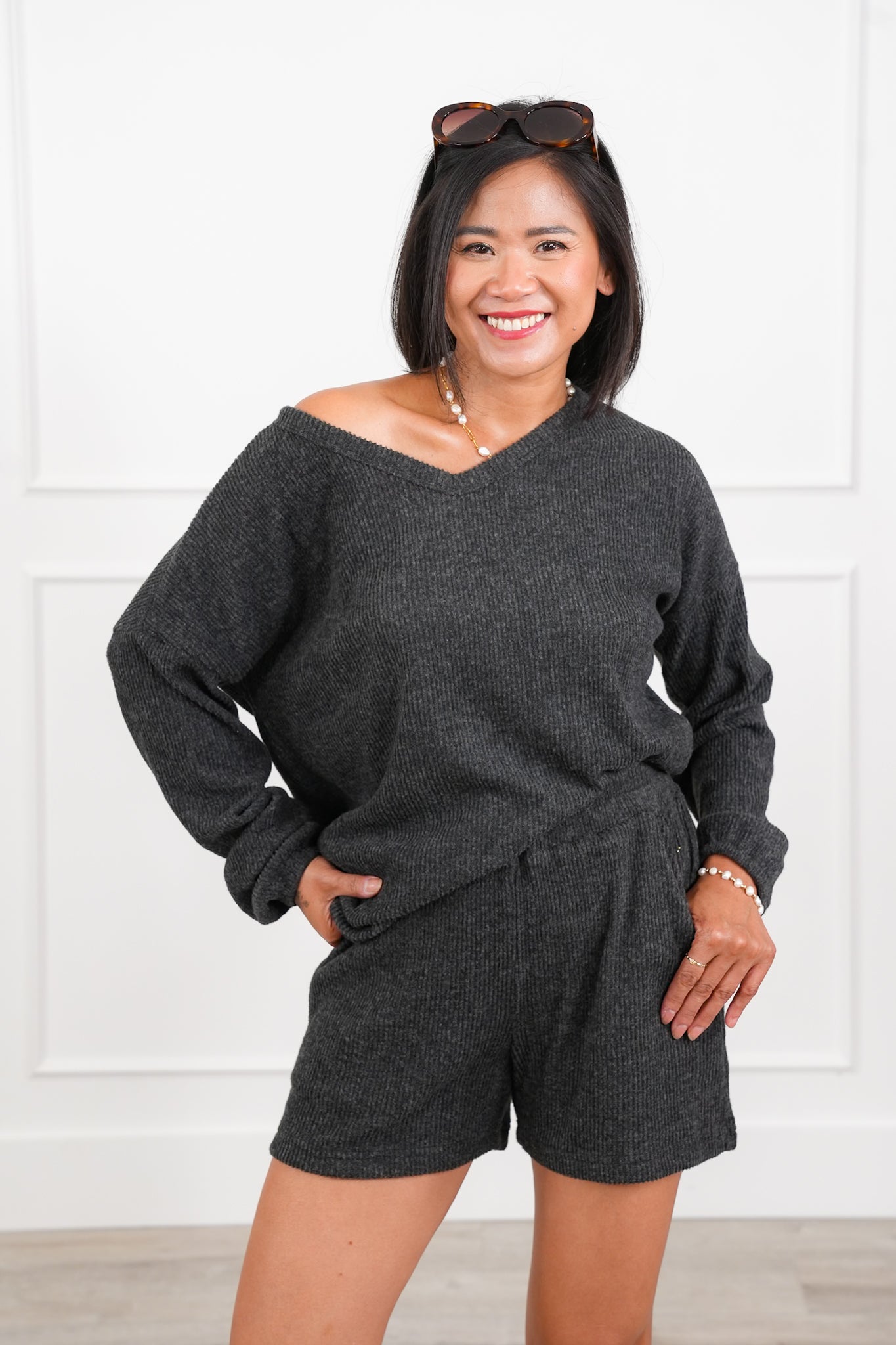 Door Buster! Zenana Brushed Ribbed Hacci V-Neck Long Sleeve Tee and Shorts Set